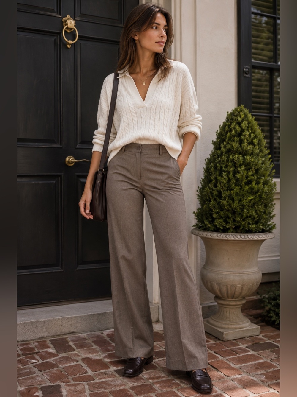 Talbots Womens 14 Taupe Wide Leg Stretch Tailored Trousers Pants